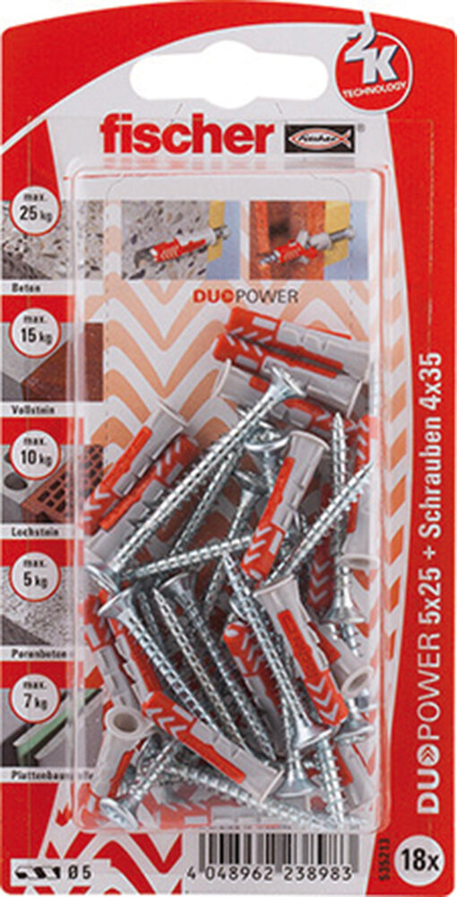 FISCHER 18 Dübel + Schrauben Duopower 5 x 25 mm