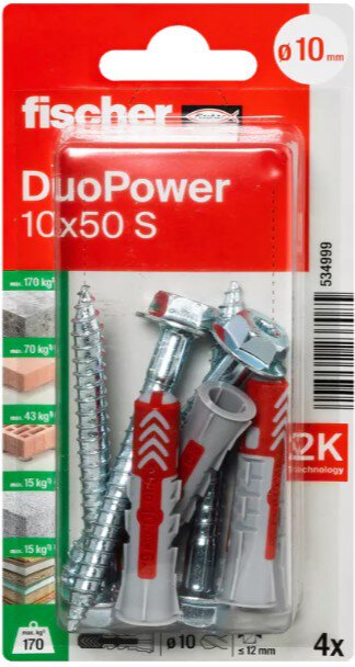FISCHER 4 Dübel + Schrauben Duopower 10 x 50 mm