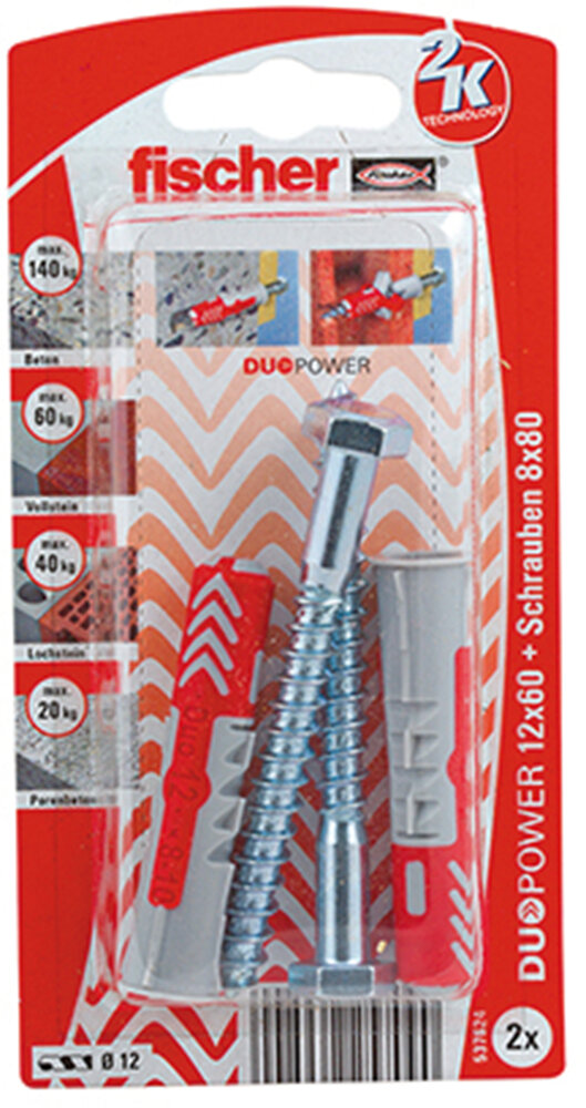 FISCHER 2 Dübel + Schrauben Duopower 12 x 60 mm