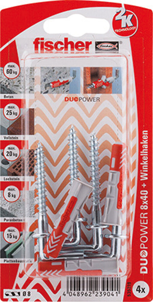 FISCHER 4 Dübel + Winkelhaken Duopower 8 x 40 mm