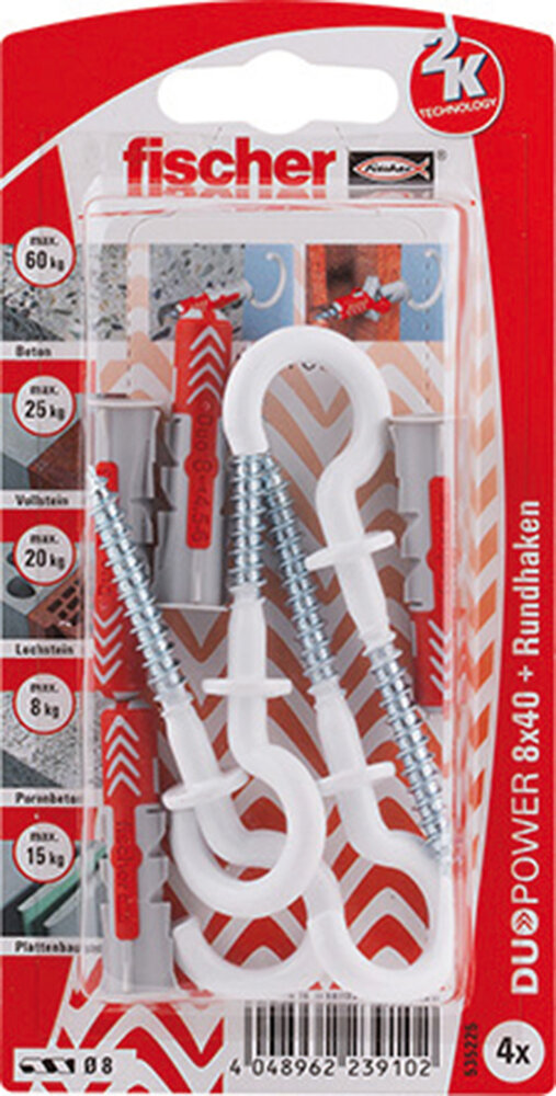 FISCHER 4 Dübel + Rundhaken Duopower 8 x 40 mm