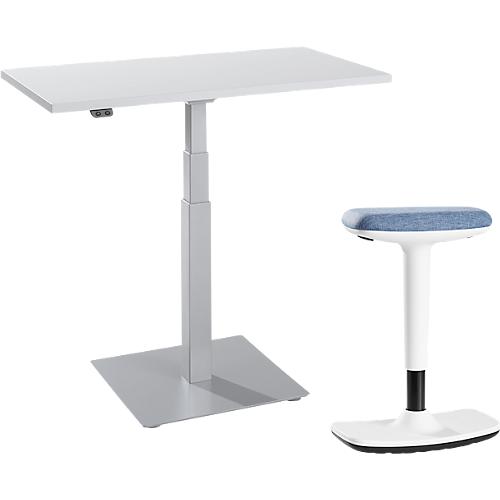 2-tlg. Büromöbel-Set, Monosäulen-Beistelltisch Start Off, elektrisch höhenverstellbar, lichtgrau/weißaluminium