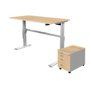 2-tlg. Büromöbel-Set, Schreibtisch STANDARD, elektrisch höhenverstellbar, Ahorn/weißaluminium RAL 9006 2-tlg. Büromöbel-Set, Schreibtisch STANDARD, elektrisch höhenverstellbar, Ahorn/weißaluminium RAL 9006