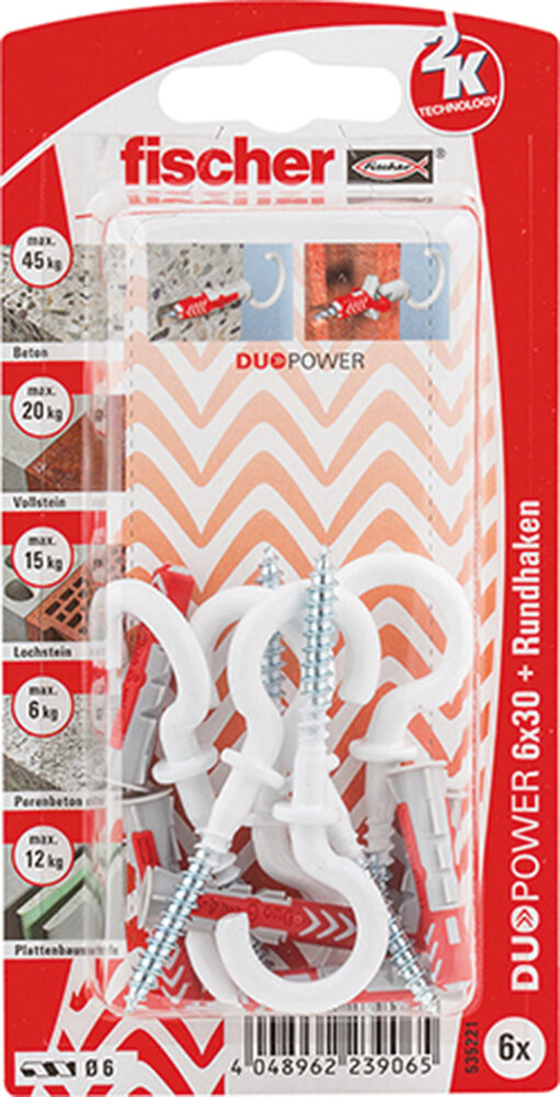FISCHER 6 Dübel + Rundhaken Duopower 6 x 30 mm