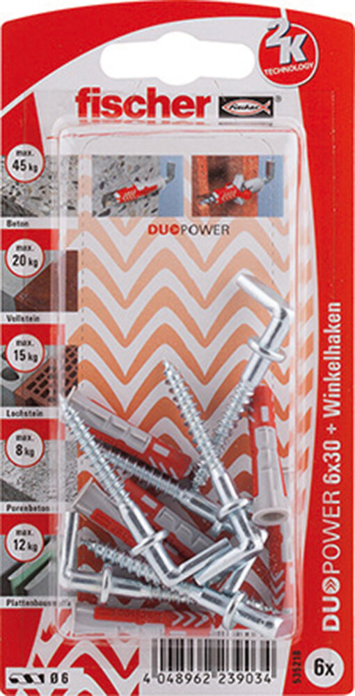 FISCHER 6 Dübel + Winkelhaken Duopower 6 x 30 mm