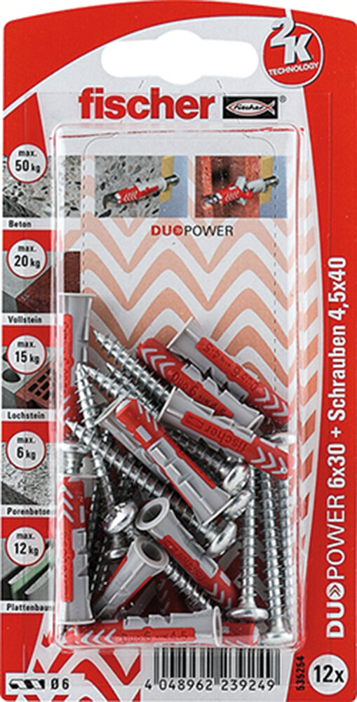 FISCHER 12 Dübel + Panhead-Schrauben Duopower 6 x 30 mm