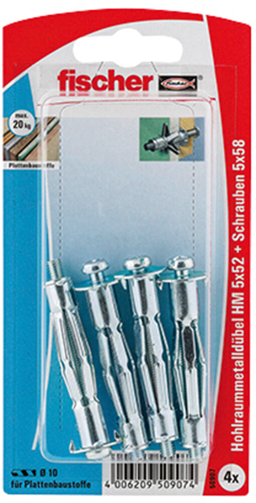 FISCHER 4 Hohlraum-Metalldübel + Schrauben 5 x 52 mm