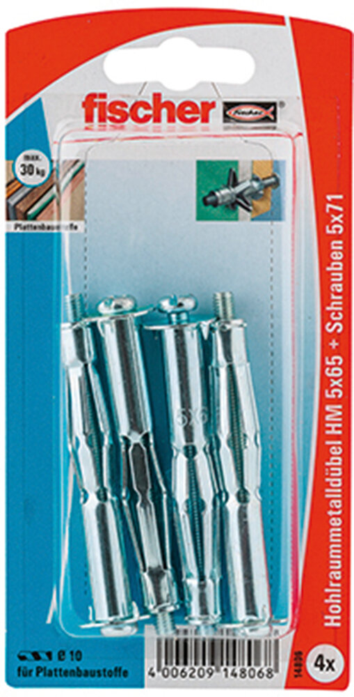 FISCHER 4 Hohlraum-Metalldübel + Schraube 5 x 65 mm