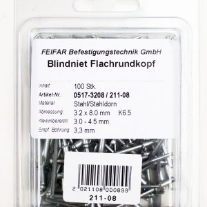 FEIFAR 100 Stahl-Blindnieten 3,2 x 8 mm FEIFAR 100 Stahl-Blindnieten 3,2 x 8 mm