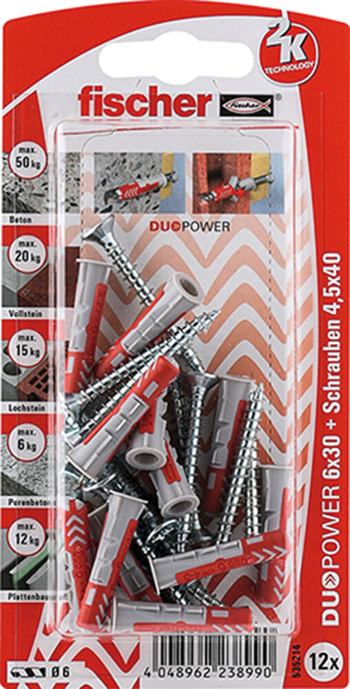 FISCHER 12 Dübel + Schrauben Duopower 6 x 30 mm
