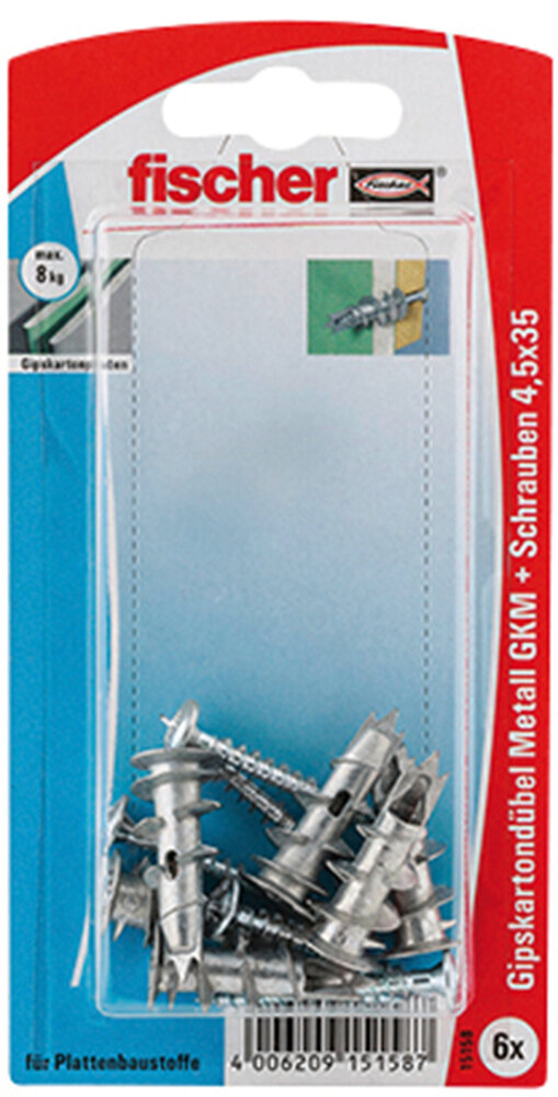FISCHER 6 Gipskartondübel + Schrauben 8 x 30 mm