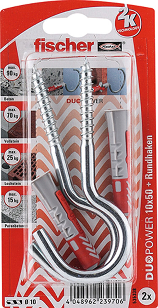 FISCHER 2 Dübel + Rundhaken Duopower 10 x 50 mm