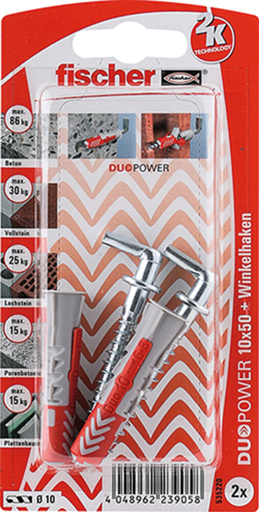FISCHER 2 Dübel + Winkelhaken Duopower 10 x 50 mm