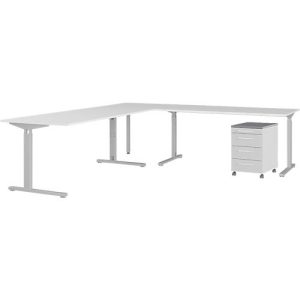 4-tlg. Büromöbelset Profi 2.0, Schreibtisch-Winkelkombination, inkl. Rollcontainer mit 4 Schubladen, silber/graphit/lichtgrau 4-tlg. Büromöbelset Profi 2.0, Schreibtisch-Winkelkombination, inkl. Rollcontainer mit 4 Schubladen, silber/graphit/lichtgrau
