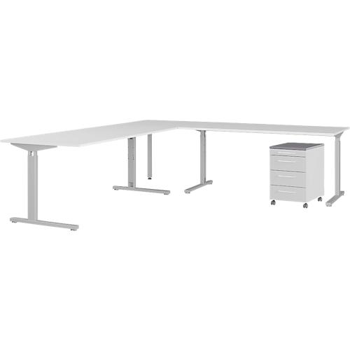 4-tlg. Büromöbelset Profi 2.0, Schreibtisch-Winkelkombination, inkl. Rollcontainer mit 4 Schubladen, silber/graphit/lichtgrau