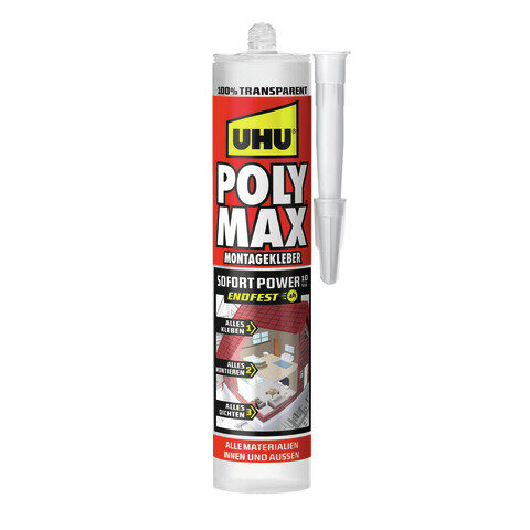 UHU UHU POLY MAX Montagekleber 10 SEK SOFORT POWER transparent, Kartusche 300g