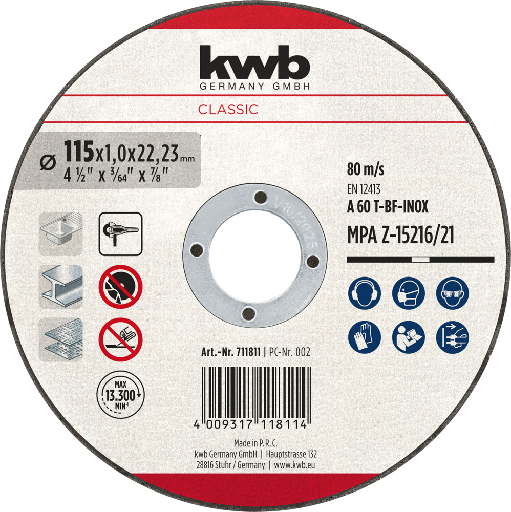 KWB Trennscheibe zur Edelstahl- und Stahlbearbeitung, Ø 115 mm x 1,0