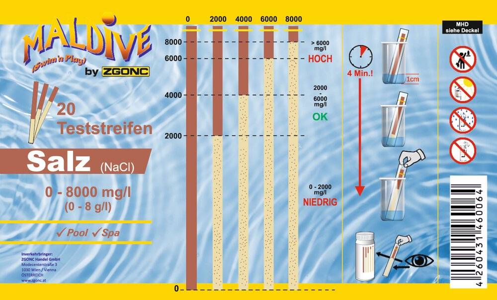 MALDIVE 20 Teststreifen zur Salzgehaltsbestimmung von Schwimmbädern