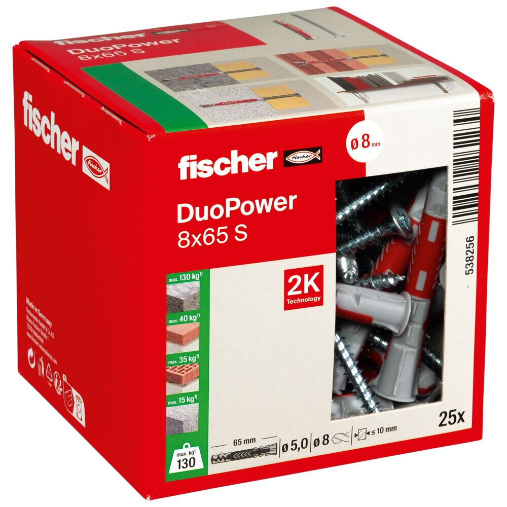 FISCHER 25 Dübel DuoPower 8 x 65 S