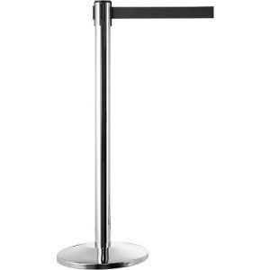 Absperrpfosten, chromsilber, Gurtband schwarz, ausziehbar bis 2 m, selbstaufrollend, mit Bremse, Ø 360 x H 1040 mm, Metall verchromt Absperrpfosten, chromsilber, Gurtband schwarz, ausziehbar bis 2 m, selbstaufrollend, mit Bremse, Ø 360 x H 1040 mm, Metall verchromt
