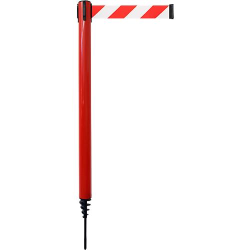 Absperrpfosten GLA 24, L 350 x B 350 x H 1250 mm, mit Erdspieß, Gurtauszug 4 m, rot