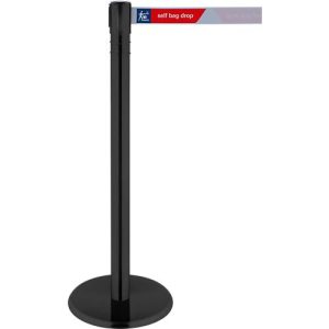 Absperrpfosten, Kopf um 360° drehbar, Gurt bis 2,3 m ausziehbar, Gurtkassette & Bremse, L 1000 mm, Metall, Gurt schwarz-gelb Absperrpfosten, Kopf um 360° drehbar, Gurt bis 2,3 m ausziehbar, Gurtkassette & Bremse, L 1000 mm, Metall, Gurt schwarz-gelb