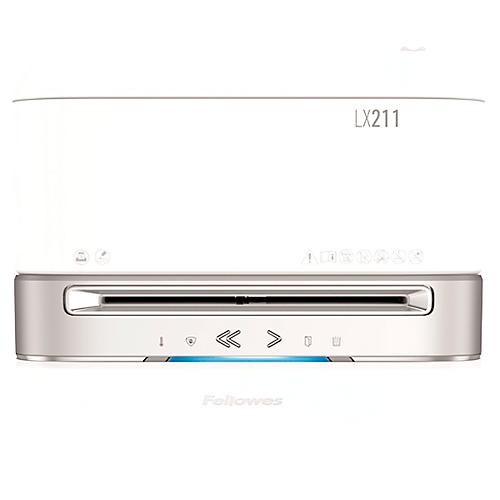 Aktenvernichter Fellowes® Microshred LX 211, Mikropartikelschnitt 2 x 12 mm, P-5, 23 l, 15 Blatt Schnittleistung, mit Rollen, weiß