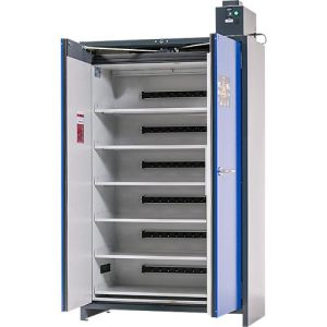 Asecos Akku-Ladeschrank ION-PRO-90 PC, 6 Fachböden gelocht + Steckdosen, 1 Auffangwanne, B 1193 x T 615 x H 2224 mm Asecos Akku-Ladeschrank ION-PRO-90 PC, 6 Fachböden gelocht + Steckdosen, 1 Auffangwanne, B 1193 x T 615 x H 2224 mm