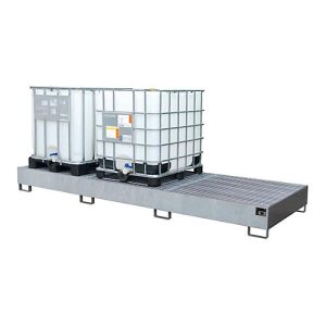 Auffangwanne AW 1000-3, für 3 IBC-Container à 1000 l oder 10 Fässer à 200 l, L 3850 x B 1300 x H 340 mm, unterfahrb., feuerverzinkt Auffangwanne AW 1000-3, für 3 IBC-Container à 1000 l oder 10 Fässer à 200 l, L 3850 x B 1300 x H 340 mm, unterfahrb., feuerverzinkt