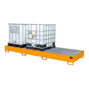 Auffangwanne AW 1000-3, für 3 IBC-Container à 1000 l oder 10 Fässer à 200 l, L 3850 x B 1300 x H 340 mm, unterfahrbar, gelborange Auffangwanne AW 1000-3, für 3 IBC-Container à 1000 l oder 10 Fässer à 200 l, L 3850 x B 1300 x H 340 mm, unterfahrbar, gelborange