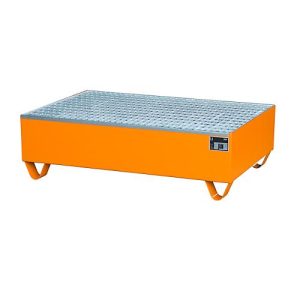 Auffangwanne, für 2 Fässer à 200 l, mit verzinktem Gitterrost, L 1200 x B 800 x H 360 mm, unterfahrbar, Stahl, gelborange RAL 2000 Auffangwanne, für 2 Fässer à 200 l, mit verzinktem Gitterrost, L 1200 x B 800 x H 360 mm, unterfahrbar, Stahl, gelborange RAL 2000
