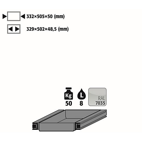 Auszugswanne Entsorgung für asecos Sicherheitsschränke der Q30, Q90, S90, K90 Serie, Stahlblech, lichtgrau, B 332 x T 505 x H 50 mm, 7,5 l, bis 50 kg