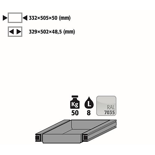 Auszugswanne Entsorgung für asecos Sicherheitsschränke der Q30, Q90 und S90 Serie, Stahlblech, lichtgrau, B 332 x T 505 x H 50 mm, 7,5 l, bis 50 kg