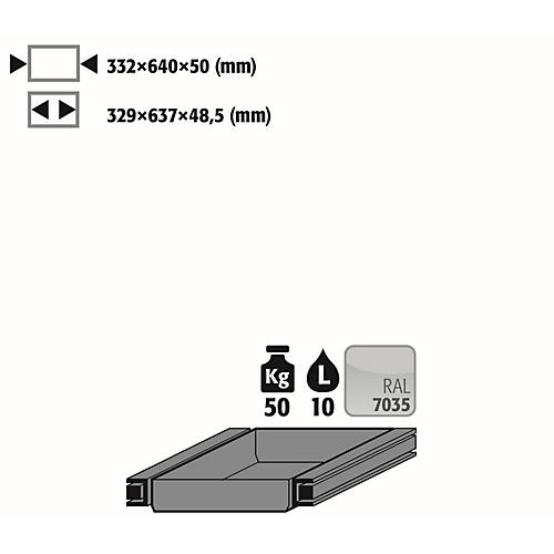 Auszugswanne Entsorgung für asecos Sicherheitsschränke der S90 Serie, Stahlblech, lichtgrau, B 332 x T 605 x H 50 mm, 10 l, bis 50 kg