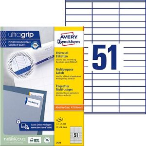 Avery® Zweckform Etiketten 3420, A4, universell, permanenthaftend, ultragrip, druckergeeignet, FSC®-Papier, rechteckig, weiß, 5100 Stück auf 100 Bogen Avery® Zweckform Etiketten 3420, A4, universell, permanenthaftend, ultragrip, druckergeeignet, FSC®-Papier, rechteckig, weiß, 5100 Stück auf 100 Bogen