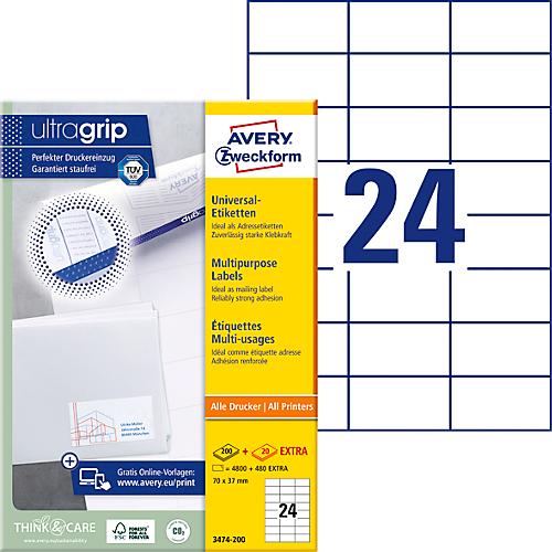 Avery® Zweckform Etiketten 3474-200, A4, universell, permanenthaftend, ultragrip, druckergeeignet, FSC®-Papier, rechteckig, weiß, 5280 Stück auf 220 Bogen