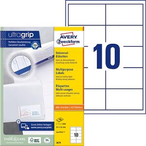 Avery® Zweckform Etiketten 3679, A4, universell, permanenthaftend, ultragrip, druckergeeignet, FSC®-Papier, rechteckig, weiß, 1000 Stück auf 100 Bogen Avery® Zweckform Etiketten 3679, A4, universell, permanenthaftend, ultragrip, druckergeeignet, FSC®-Papier, rechteckig, weiß, 1000 Stück auf 100 Bogen