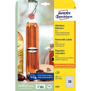 Avery® Zweckform Etiketten 5086, Format A4, ablösbar, druckergeeignet, 40 x 20 mm, 10 Bogen mit 360 Stück, FSC®-Papier, oval, weiß Avery® Zweckform Etiketten 5086, Format A4, ablösbar, druckergeeignet, 40 x 20 mm, 10 Bogen mit 360 Stück, FSC®-Papier, oval, weiß