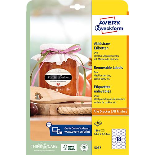 Avery® Zweckform Etiketten 5087, Format A4, ablösbar, druckergeeignet, 63,5 x 42,3 mm, 10 Bogen mit 180 Stück, FSC®-Papier, oval, weiß