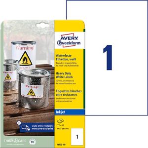 Avery® Zweckform Etiketten J4775, wetterfest, permanenthaftend, druckergeeignet, rechteckig, Polyester, matt weiß, 10 Stück auf 10 Blatt Avery® Zweckform Etiketten J4775, wetterfest, permanenthaftend, druckergeeignet, rechteckig, Polyester, matt weiß, 10 Stück auf 10 Blatt