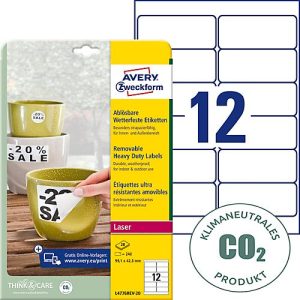 Avery® Zweckform Etiketten L4776REV, wetterfest, ablösbar, druckergeeignet, rechteckig, Polyester, matt weiß, 240 Stück auf 20 Blatt Avery® Zweckform Etiketten L4776REV, wetterfest, ablösbar, druckergeeignet, rechteckig, Polyester, matt weiß, 240 Stück auf 20 Blatt
