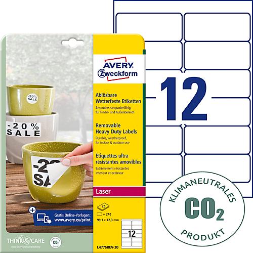 Avery® Zweckform Etiketten L4776REV, wetterfest, ablösbar, druckergeeignet, rechteckig, Polyester, matt weiß, 240 Stück auf 20 Blatt