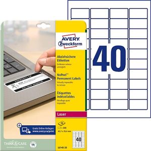 Avery Zweckform Etiketten L6145-20, fälschungssicher, extrem robust, geeignet für SW-Laserdrucker, 45,7 x 25,4 mm, 800 Stück/20 A4-Bogen, Acrylfolie, weiß Avery Zweckform Etiketten L6145-20, fälschungssicher, extrem robust, geeignet für SW-Laserdrucker, 45,7 x 25,4 mm, 800 Stück/20 A4-Bogen, Acrylfolie, weiß