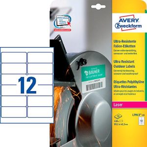 Avery Zweckform Etiketten L7913-10, ultraresistent, geeignet für Laserdrucker, 99,1 x 42,3 mm, 120 Stück/10 A4-Bogen, Polyethylen-Folie, weiß Avery Zweckform Etiketten L7913-10, ultraresistent, geeignet für Laserdrucker, 99,1 x 42,3 mm, 120 Stück/10 A4-Bogen, Polyethylen-Folie, weiß