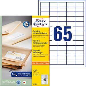 Avery® Zweckform Etiketten LR3666, A4, universell, permanenthaftend, druckergeeignet, Recycling-Papier, rechteckig, naturweiß, 6500 Stück auf 100 Bogen Avery® Zweckform Etiketten LR3666, A4, universell, permanenthaftend, druckergeeignet, Recycling-Papier, rechteckig, naturweiß, 6500 Stück auf 100 Bogen
