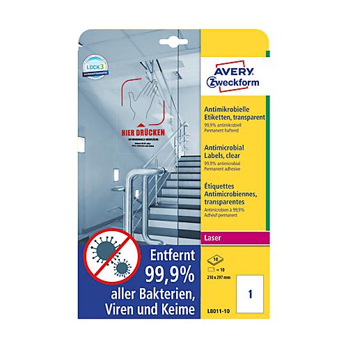 Avery Zweckform Etiketten Serie L8011-10, antimikrobiell, desinfektionsmittelbeständig, für Laserdrucker, 210 x 297 mm, 10 Stück/10 A4-Bogen, Folie, transparent