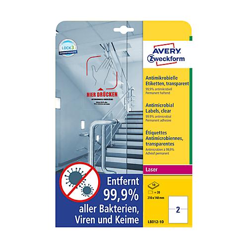 Avery Zweckform Etiketten Serie L8012-10, antimikrobiell, desinfektionsmittelbeständig, für Laserdrucker, 210 x 148 mm, 20 Stück/10 A4-Bogen, Folie, transparent