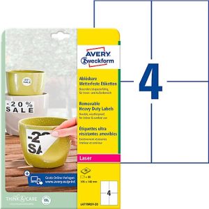 Avery Zweckform Folien-Etiketten, wetterfest, wieder ablösbar, 105 x 148 mm Avery Zweckform Folien-Etiketten, wetterfest, wieder ablösbar, 105 x 148 mm