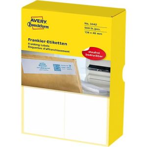 Avery Zweckform Frankieretiketten 3442, geeignet für Frankiermaschinen, 138 x 48 mm, 1000 Stück/1 Pack, Spezialpapier, weiß Avery Zweckform Frankieretiketten 3442, geeignet für Frankiermaschinen, 138 x 48 mm, 1000 Stück/1 Pack, Spezialpapier, weiß