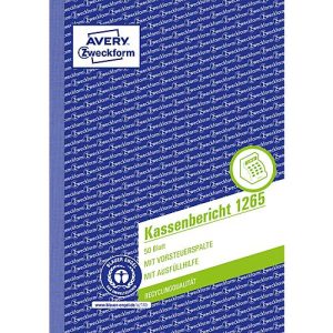 Avery® Zweckform Kassenbericht 1265, Format A5, mit Ausfüllhilfe, ohne Durchschläge, perforiert & gelocht, Blauer Engel, weiß, 1 Buch mit 50 Blatt Avery® Zweckform Kassenbericht 1265, Format A5, mit Ausfüllhilfe, ohne Durchschläge, perforiert & gelocht, Blauer Engel, weiß, 1 Buch mit 50 Blatt